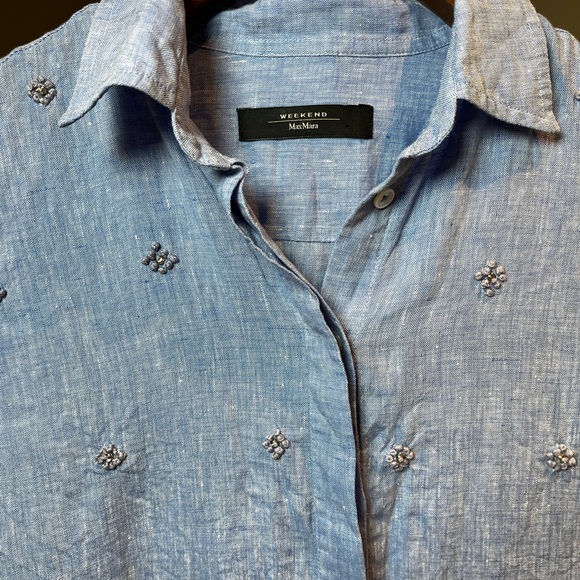 Weekend Max Mara Light Blue Embroidered Linen Button-Down Shirt - Picture 2 of 8
